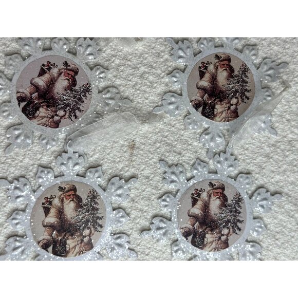Santa Claus Snowflake Christmas Ornaments Set Of 8 Tin Hanging - Picture 1 of 8